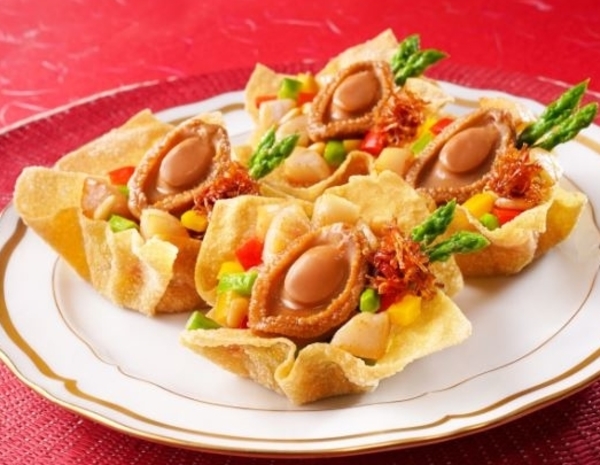 XO Sauce Abalone Dices on Fried Wanton Wrappers