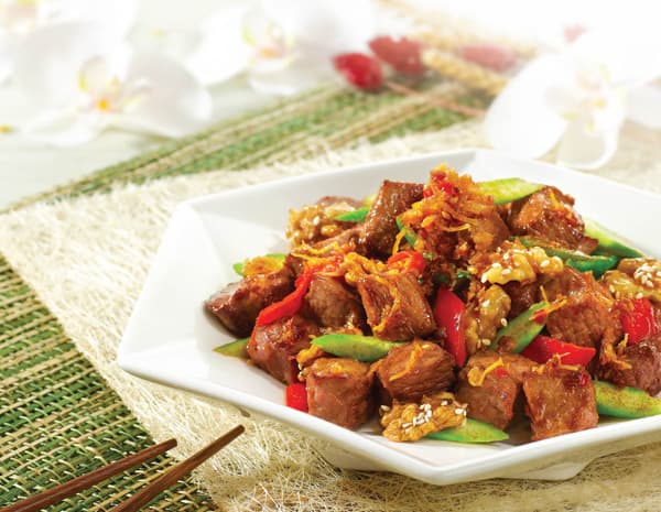 Wok fried Beef Cubes with Shrimp Roe Walnuts and XO Sauce