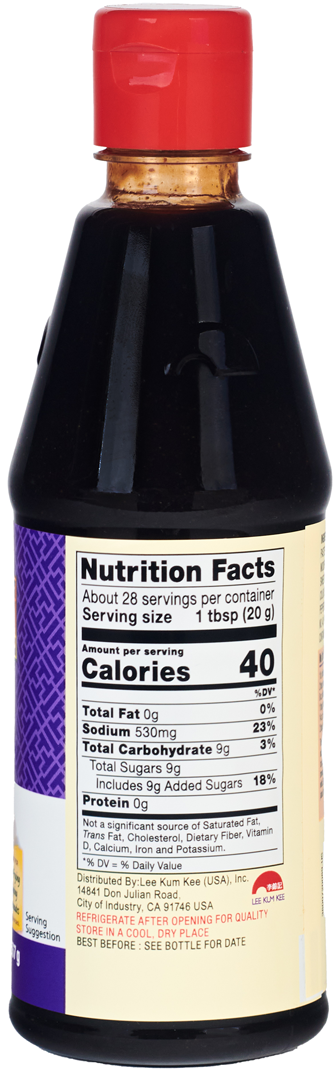 Back label of Lee Kum Kee Hoisin Sauce bottle, displaying nutrition facts and ingredient list