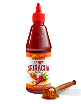 Lee Kum Kee Honey Sriracha Sauce bottle showcasing sweet and spicy flavor with a hint of honey, ideal for drizzling, dipping, or glazing