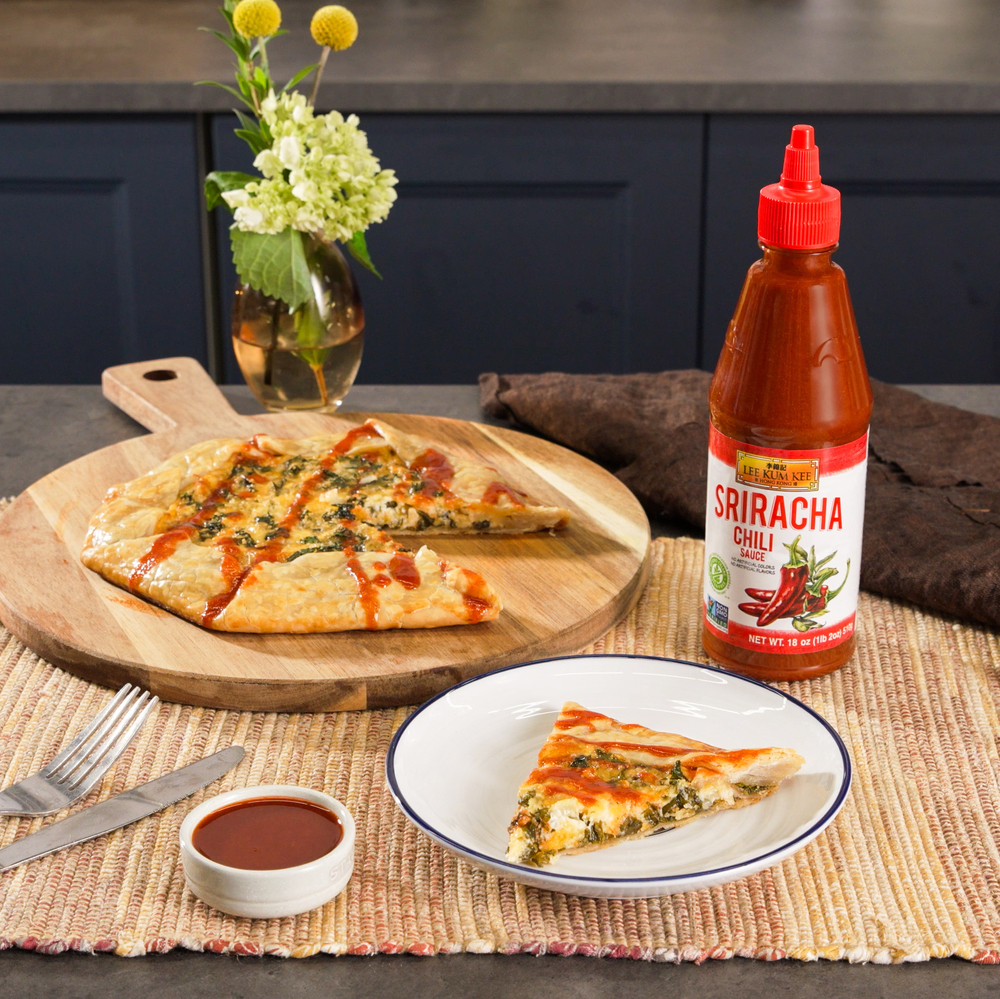 Savory Galette recipe with kale and Cheddar cheese, featuring Lee Kum Kee Sriracha Chili Sauce