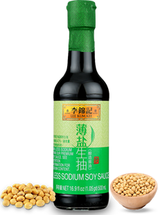 500ml bottle of Lee Kum Kee Less Sodium Soy Sauce, a reduced-sodium option for flavorful cooking and seasoning