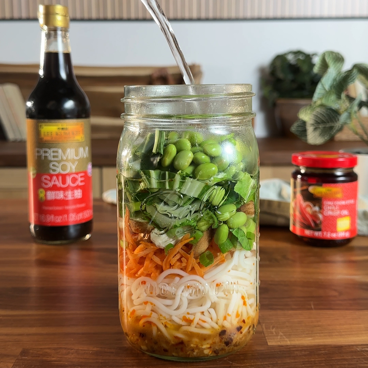 A mason jar ramen meal prep recipe made with a flavor base of Lee Kum Kee sauces