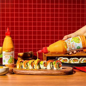 A rainbow sushi roll recipe with Sriracha Mayo.