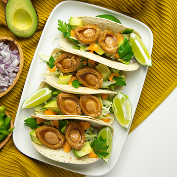 Four abalone soft-shell tacos from Lee Kum Kee’s recipe