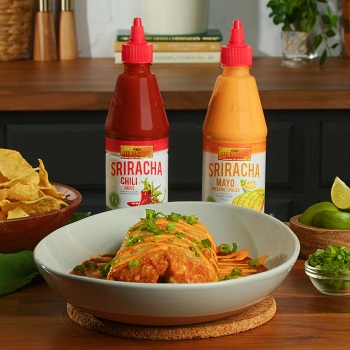 Wet Asian burrito recipe alongside chips and Lee Kum Kee sauces