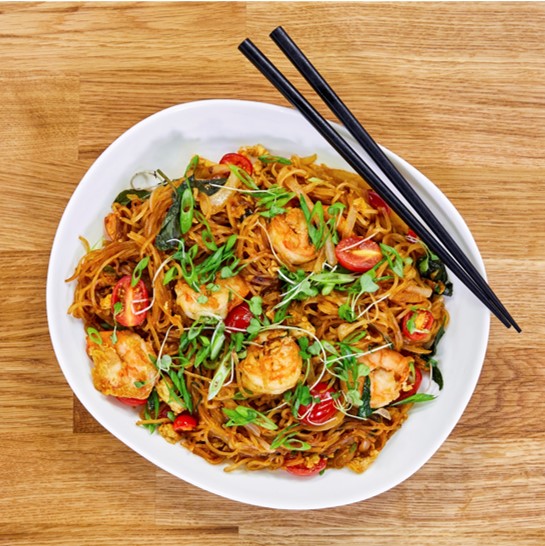 A bowl of shrimp drunken noodles