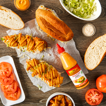 The ingredients for a shrimp po boy recipe and Lee Kum Kee Sriracha Mayo