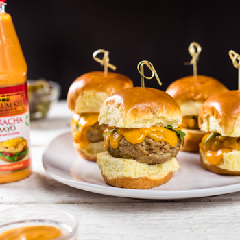 A plate of assembled turkey burger sliders from Lee Kum Kee’s recipe