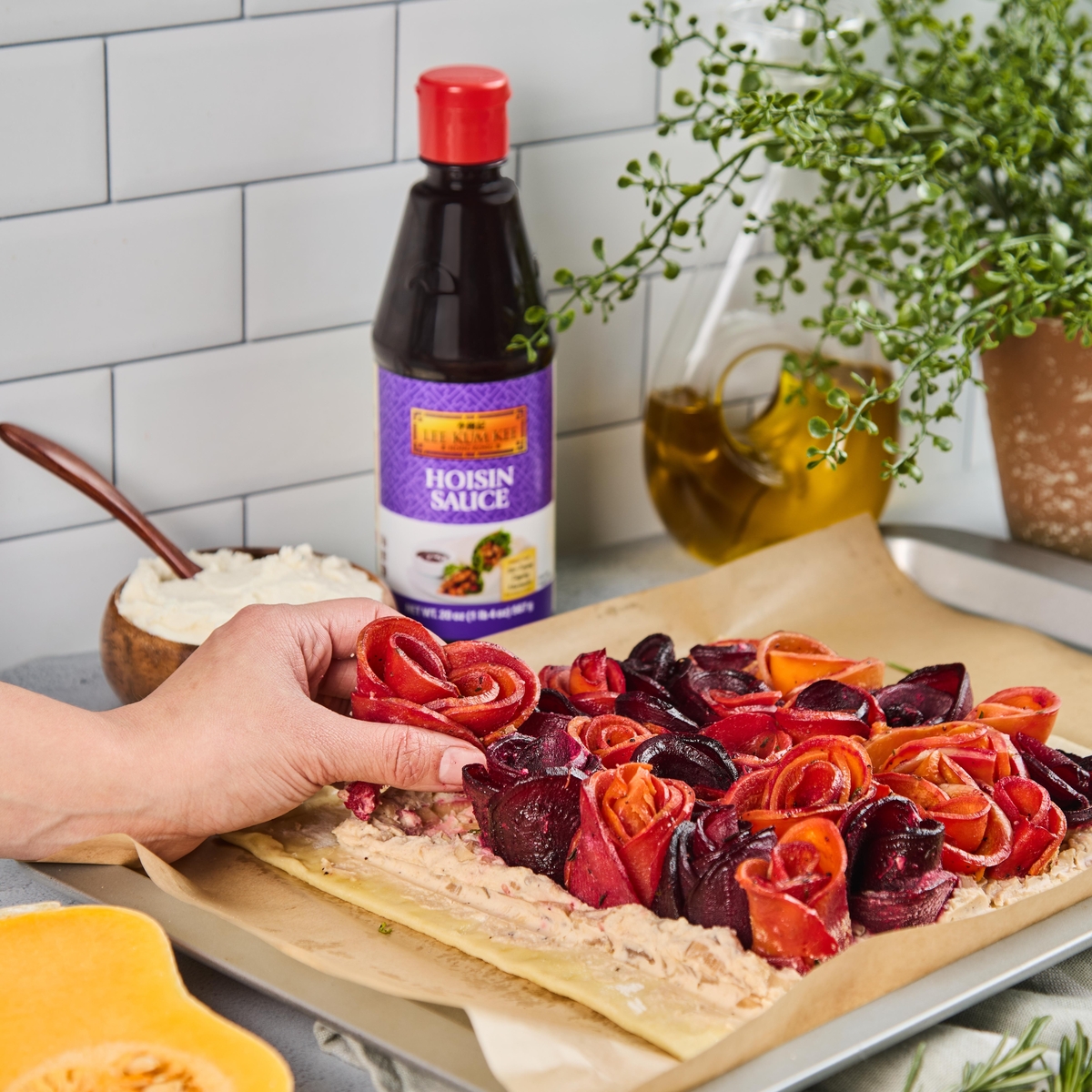 A rose vegetable tart recipe with a base of Lee Kum Kee Hoisin caramelized shallots.