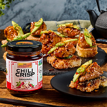 A spicy salmon crispy rice recipe made with an original chili crisp mayo.