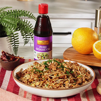 A spicy sesame noodles recipe made with Pure Sesame Oil and chicken.