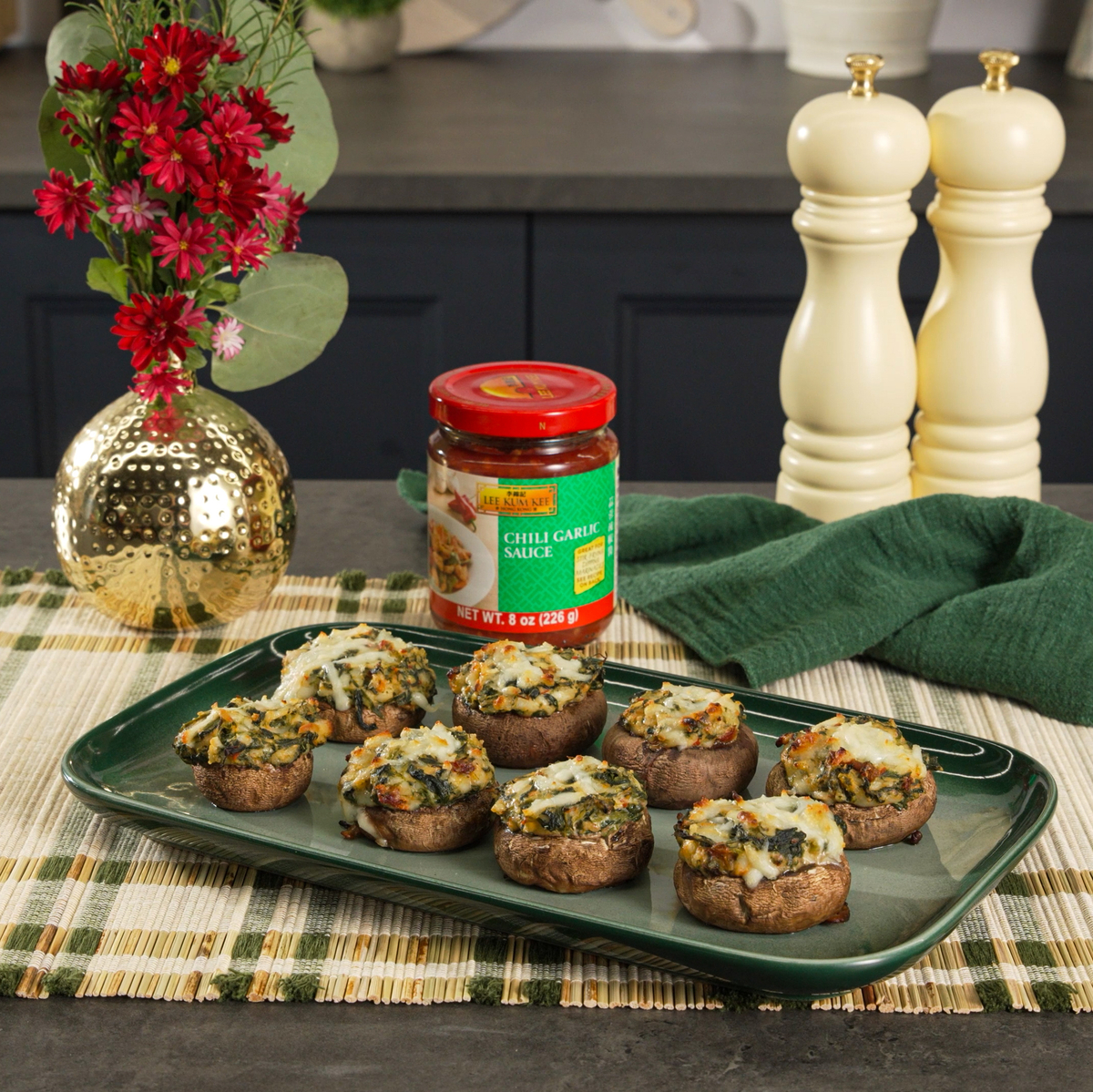 A vegetarian stuffed mushrooms with cream cheese recipe made with Lee Kum Kee Chili Garlic Sauce