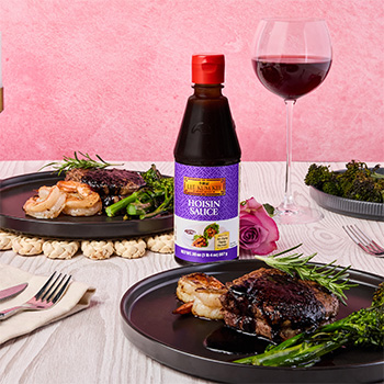 A surf and turf recipe for Valentine's Day with a hoisin red wine reduction.